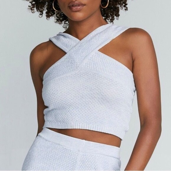 PRINCESS POLLY Bethanie 90's Criss Cross Knit Crop Top Baby Blue Small Medium - Picture 1 of 10